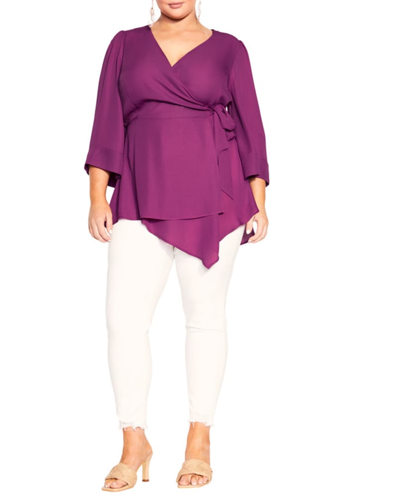 Front of a model wearing a size XXS Shibara Vibes Top in Magenta by City Chic. | dia_product_style_image_id:280404